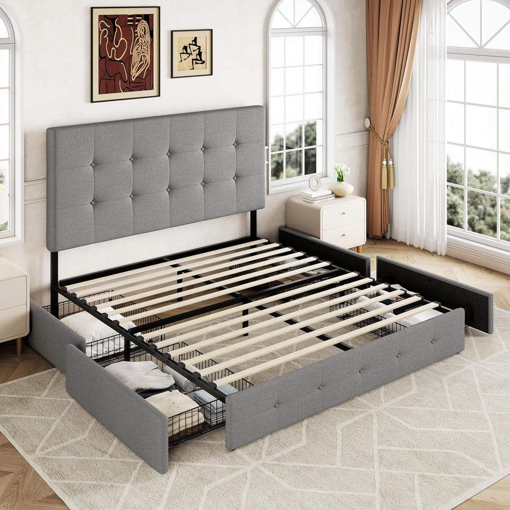 Upholstered Queen Platform Bed Frame with 4 Storage Drawers and Headboard, Square Stitched Button Tufted