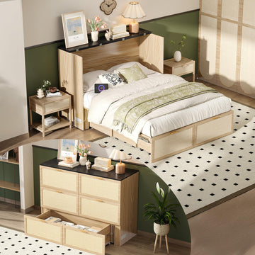 Queen Size Rattan Murphy Bed with Storage Drawer, 2 Charging Station, Boho, Hideaway Paltform Panel Bed for Small