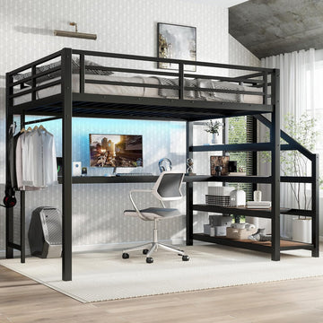 Metal Full Loft Bed with Desk and Storage Stairs,Heavy Duty Loft Bed Frame Full with LED Lights and Charging Station