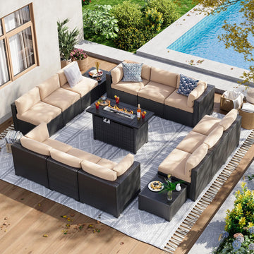 15 Piece Patio Furniture Set with 44" Fire Pit Table Wicker Rattan Patio Sectional Sofa Set Outdoor Seating Furniture