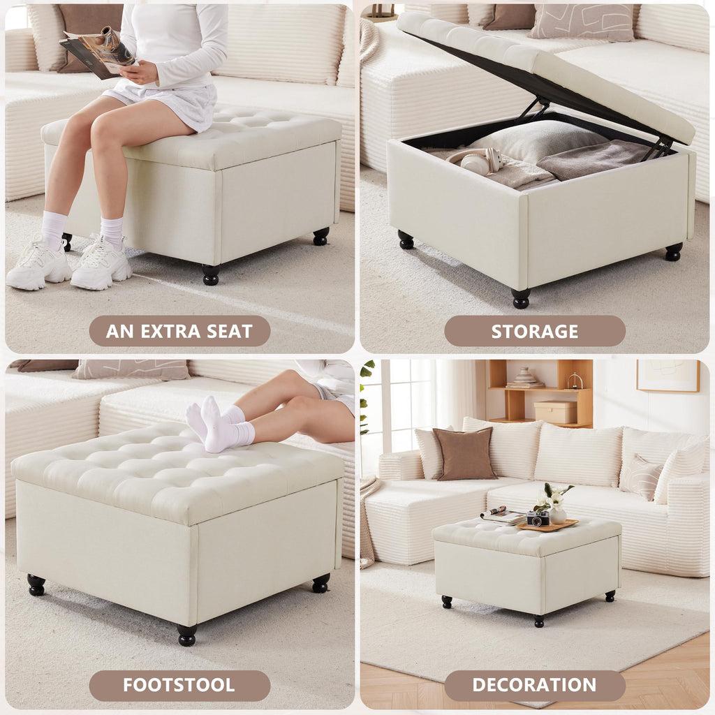 30" Large Square Ottoman with Storage, Fabric Ottoman Coffee Table, Beige
