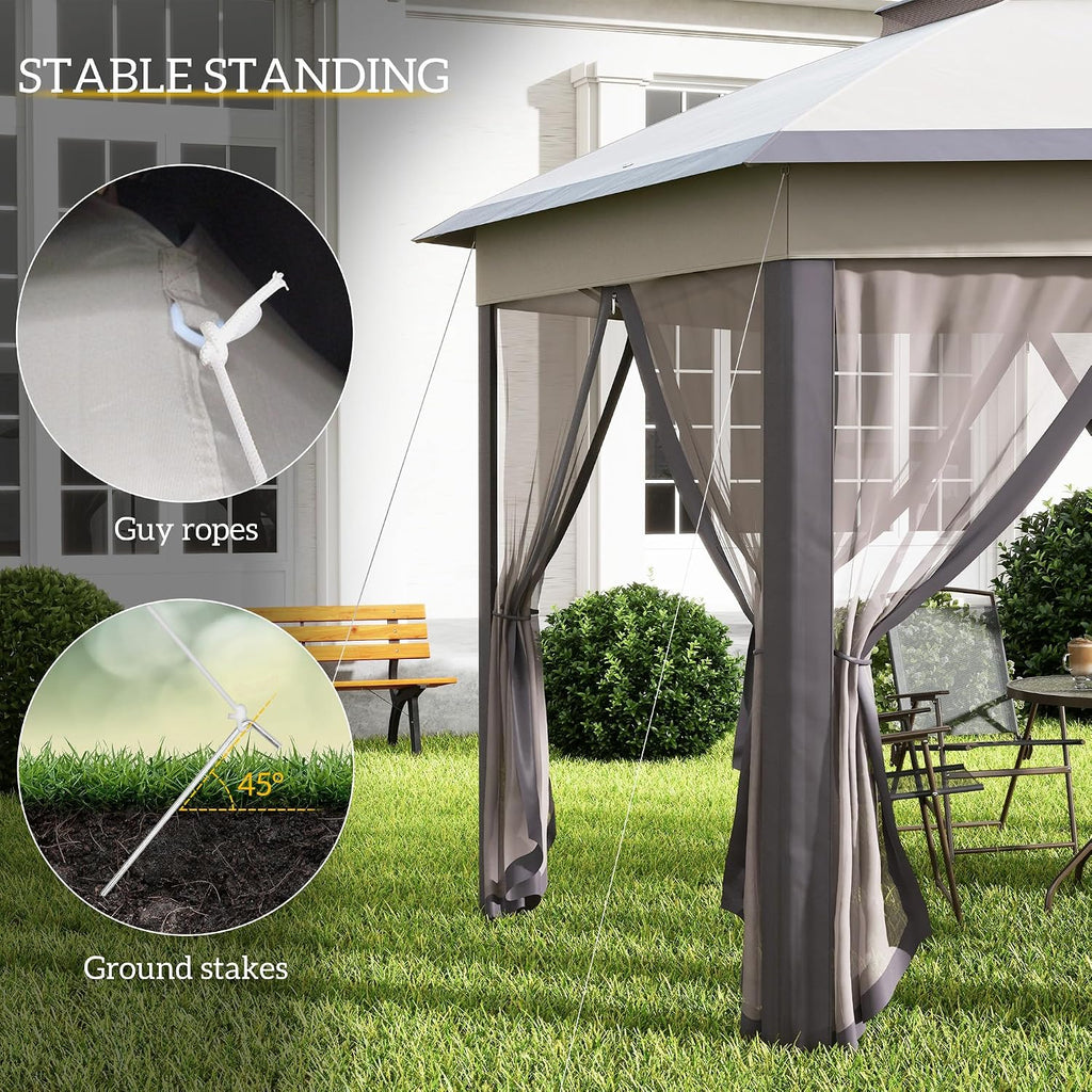 13' x 13' Pop Up Gazebo, Hexagonal Canopy Shelter with 6 Zippered Mesh Netting