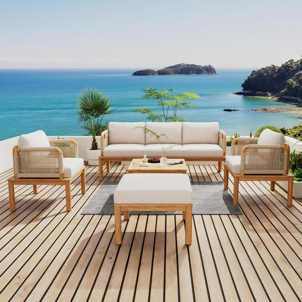 Outdoor 5-Piece Acacia Wood & Rope Patio Sofa Set with Ottoman & Table, Water-Repellent Cushions, for Garden & Patio