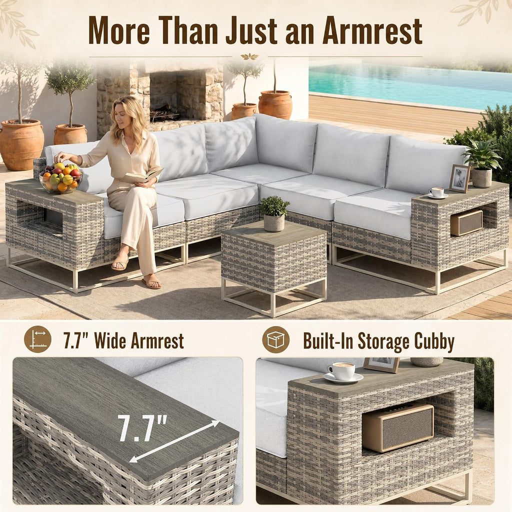 Outdoor Patio Furniture Set, PE Wicker Sectional Sofa with Thick Cushions | 6-Piece: Modular Sectional Sofa with