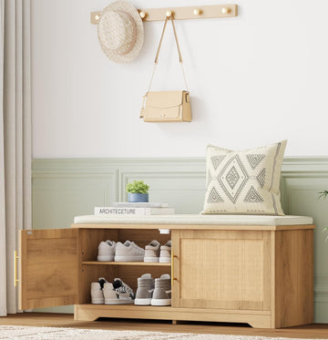 Rattan Shoe Storage Bench with Cushion, 39.4" Wide Entryway Bench with Adjustable Shelf, Hidden Shoe Organizer