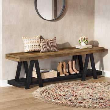 59.06-Inch Entryway Bench with Shoe Storage, Narrow Long 2-Tier End of Bed Bench with Open Shelves, Rustic Brown &