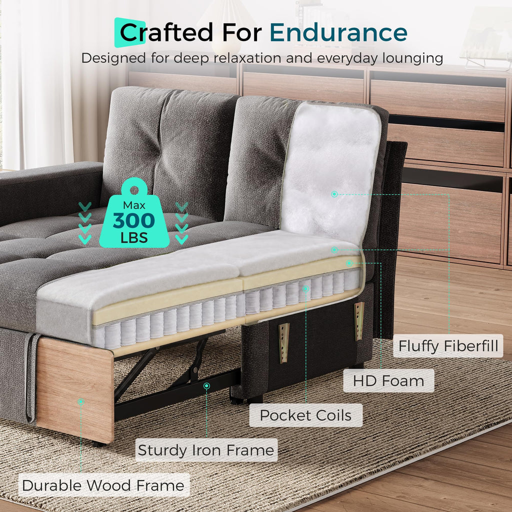 Modular Sectional Sofa Bed, Chenille Pull Out Couch 2 Seat Grey
