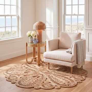 Area Rug 7' Round - Natural Fiber Collection - Natural Brown, Handmade Jute, Decorative Boho Floral Design (NF360A)