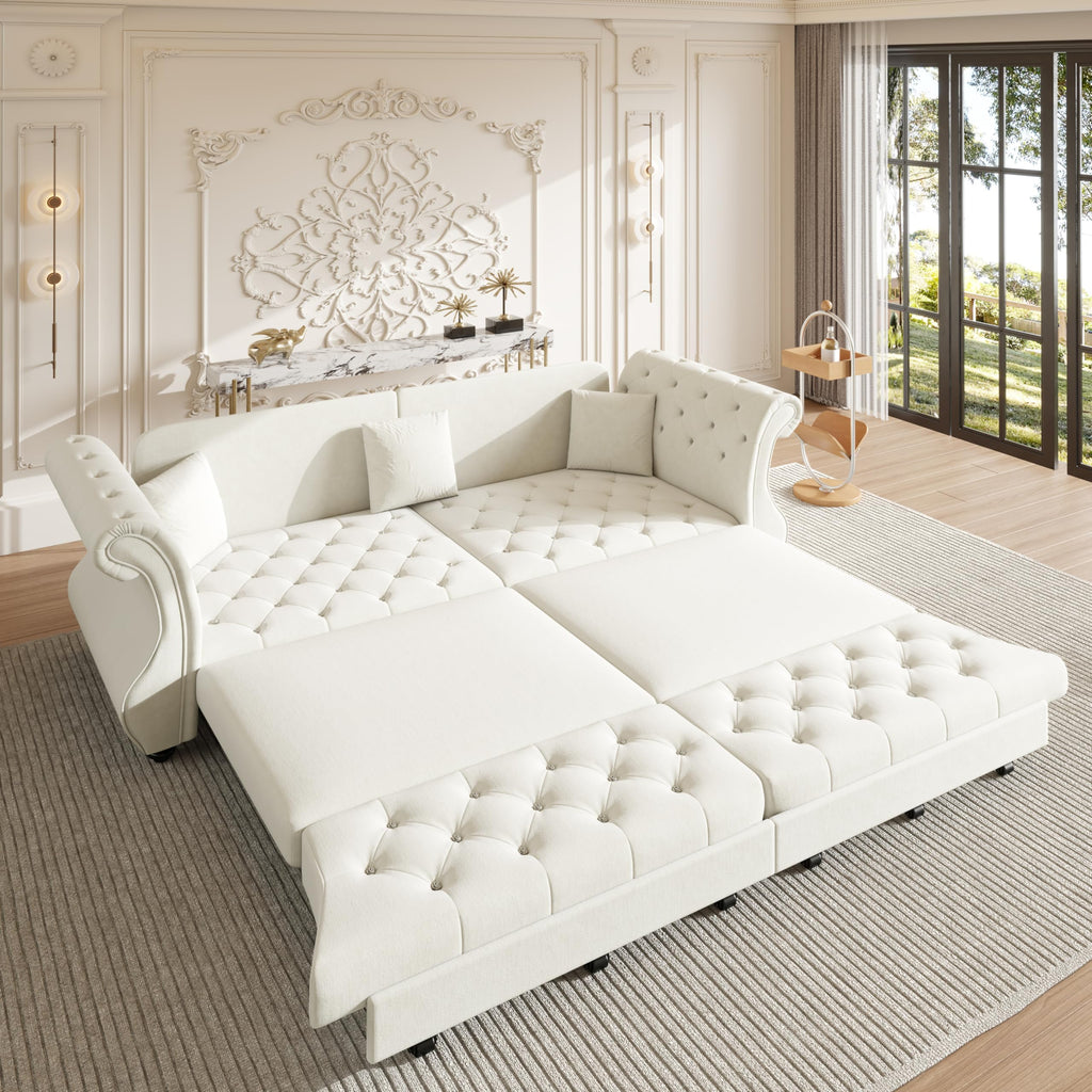 Sleeper Sofa Bed 97.6", Velvet Pull Out Couch, Chesterfield Sofa, Beige