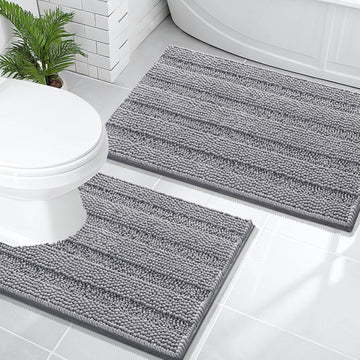 Thick Bathroom Rugs Sets 2 Piece, Soft Absorbent Chenille Striped Bath Mats and U-Shaped Contour Toilet Rug, Machine