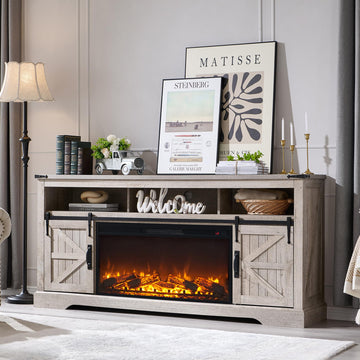 70" Farmhouse TV Stand with 36" Electirc Fireplace, Light Rustic Oak