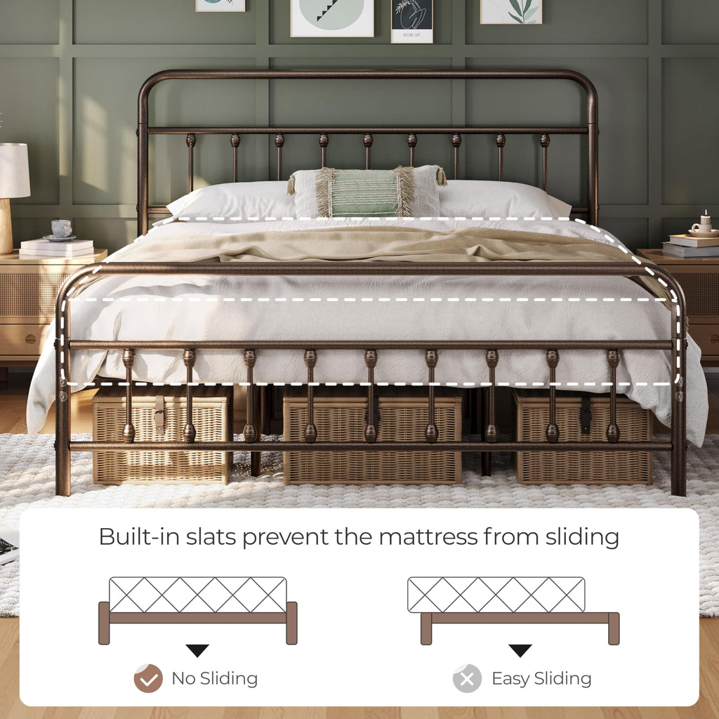 King Metal Bed Frame, Victorian Style Headboard, Bronze
