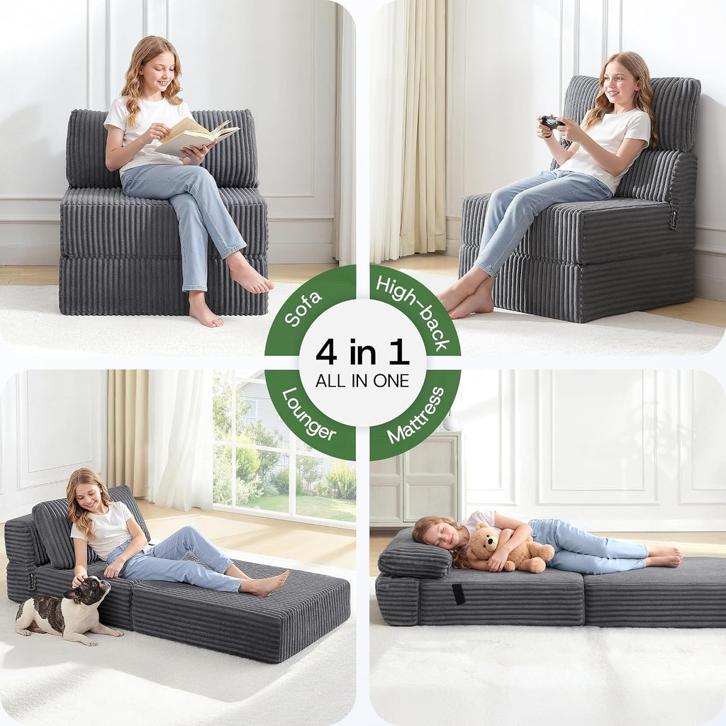 Convertible 4-in-1 Folding Sofa Bed Boneless Sleeper Chair Couch Foldable Chaise Lounger & Mattress Pocket Coils+Foam