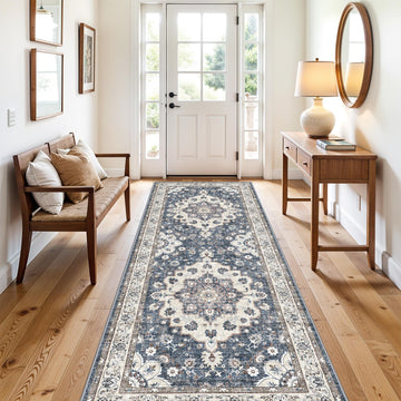 3x8 Washable Hallway Runner Rug: Water Resistant Kitchen Carpet with Non-Slip Backing Indoor Oriental Low Pile Rugs