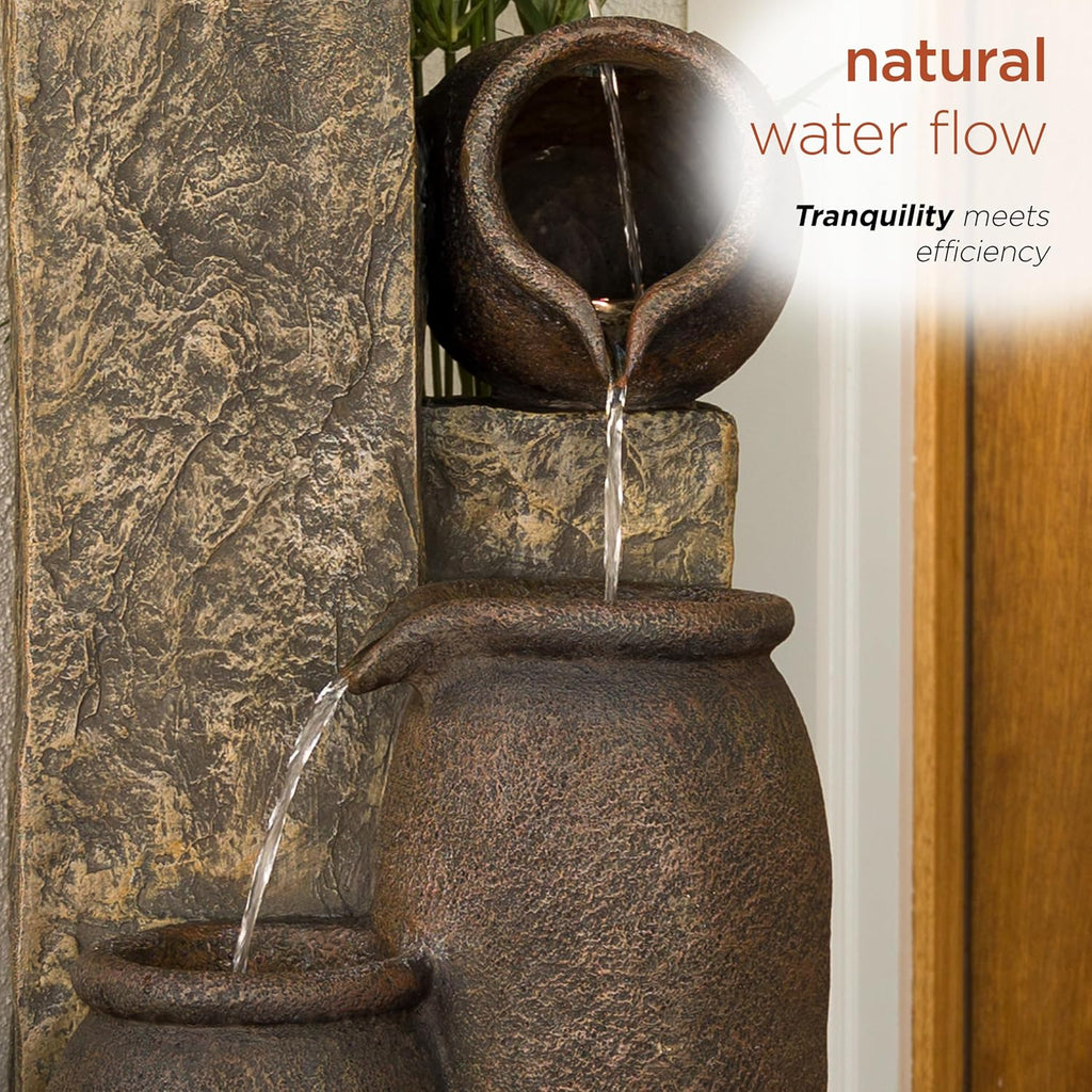 43" Tall Indoor Outdoor Pottery Fountain with Replaceable LED Lights, Water Feature Decor, Brown