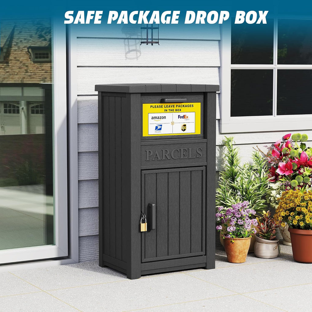 Package Delivery Box Secure, Waterproof Packages Drop Box Theft Parcel Drop Storage for Curbside, House, Black with Sign