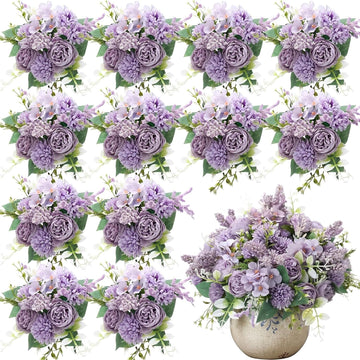 12 Pcs 13.4 Inch Artificial Flowers Bouquet Fake Silk Flowers Faux Bouquet Hydrangea Bouquets for Wedding Birthday