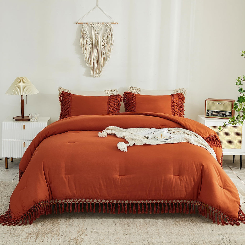 Terracotta Comforter Set King, 3 Pieces Boho Tassel Bedding