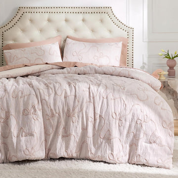 Pink King Comforter Set, GentleSoftTM 3 Pieces Breathable Bow Comforter Set Women with 2 Pillow Shams, Cute King - Set of 3