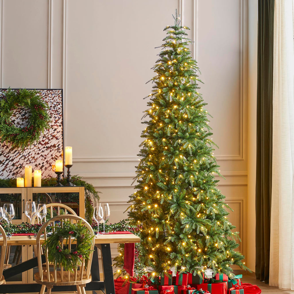 9ft Prelit Christmas Tree, Artificial Christmas Tree with 650 Warm White/Multi-Color Lights, Slim Christmas Tree
