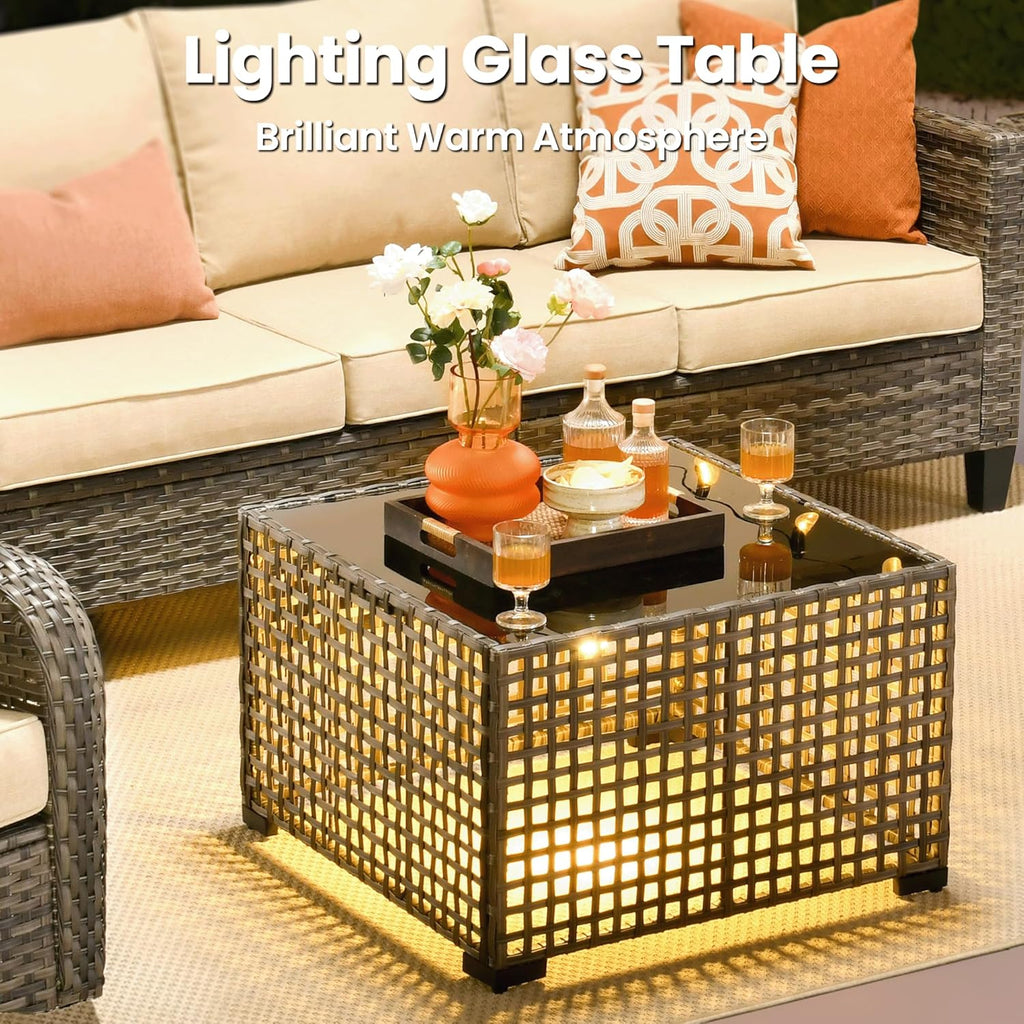 9 Pieces Patio Furniture Set, Outdoor Wicker Sofa Couch with Rocking Swivel Chairs Fire Pit Table