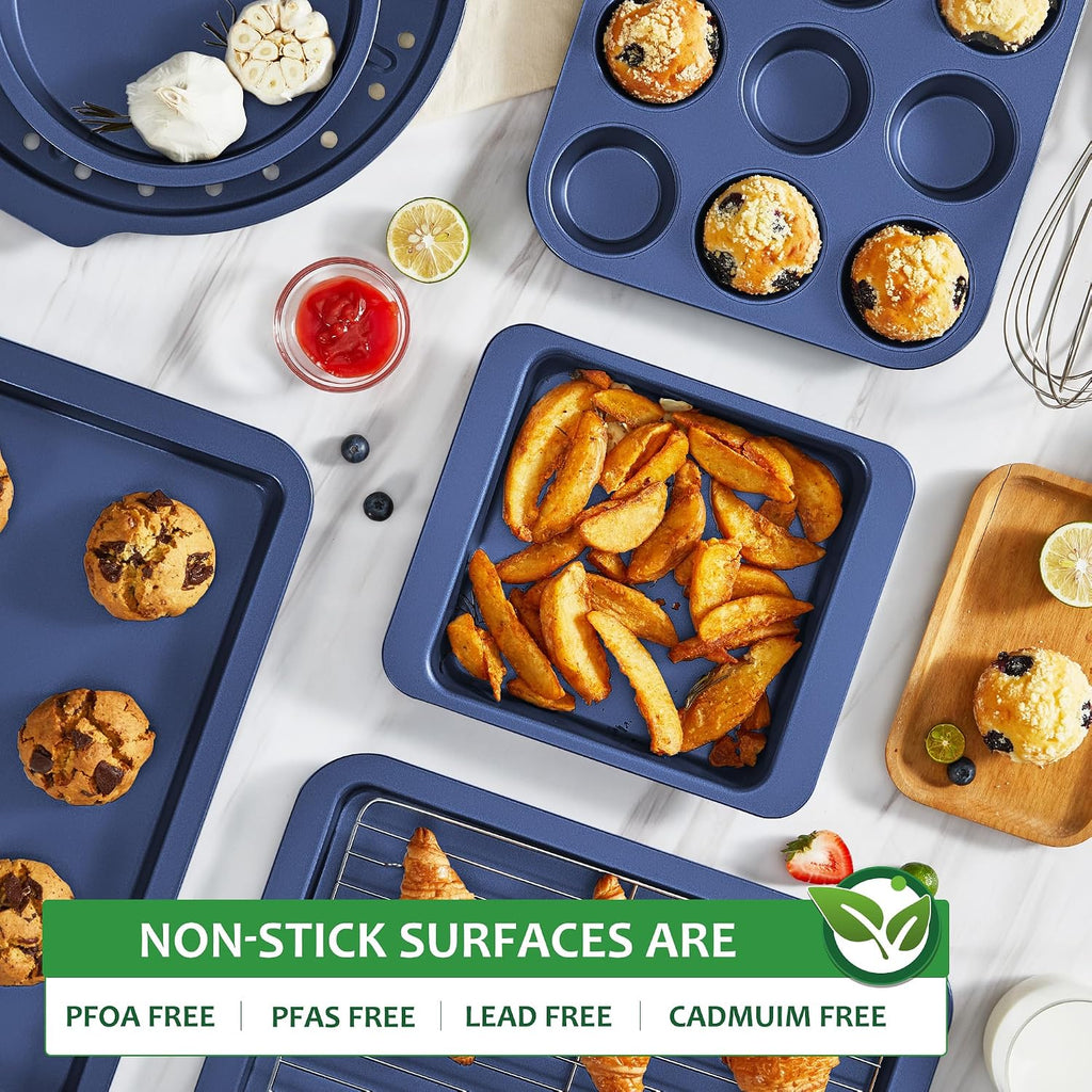 Bakeware Sets, Pans Set, Nonstick Oven Pan with Wider Grips, 10-Piece Including Rack, Cookie Sheet, Cake Pans, Loaf