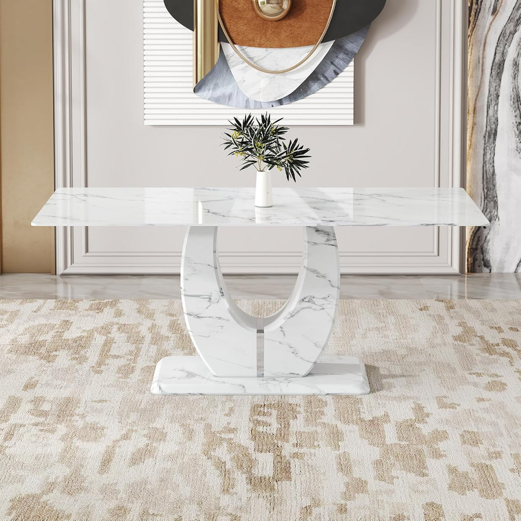 71” Modern Faux Marble Dining Table for 6 - 8, White Rectangle Kitchen Table with Sturdy Pedestal Base, Scratch