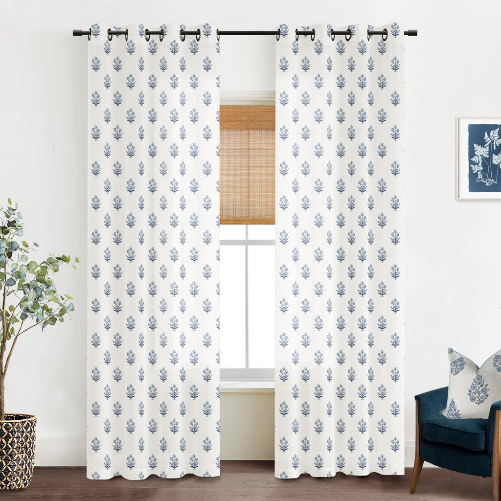 Navy Blue Curtains 96 Inches Long, Beautiful Elegant White Sheer Floral Toile Chinoiserie Curtains Bedroom