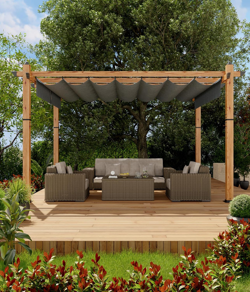 10 x 13 ft Wood-Grain Aluminum Pergola Outdoor Pergola with Retractable Canopy Sun Shade Shelter for Garden