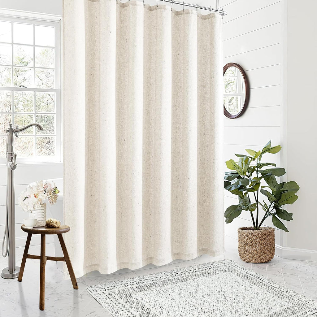 Cream Linen Shower Curtain Water Repellent 72x84 Inch | Neutral Modern Boho, Extra Long Tall, Bath Drapes 84 Inches