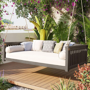 Patio Twin Size Garden Swing Bed Wood Porch Swing Loveseat Chair with Ropes for Backyard, Safe Sloped Design