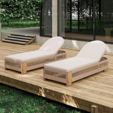 Patio Chaise Lounge Chair Set of 2, Patio Outdoor Acacia Wood Chaise Lounge with Cushions, Adjustable Backrest