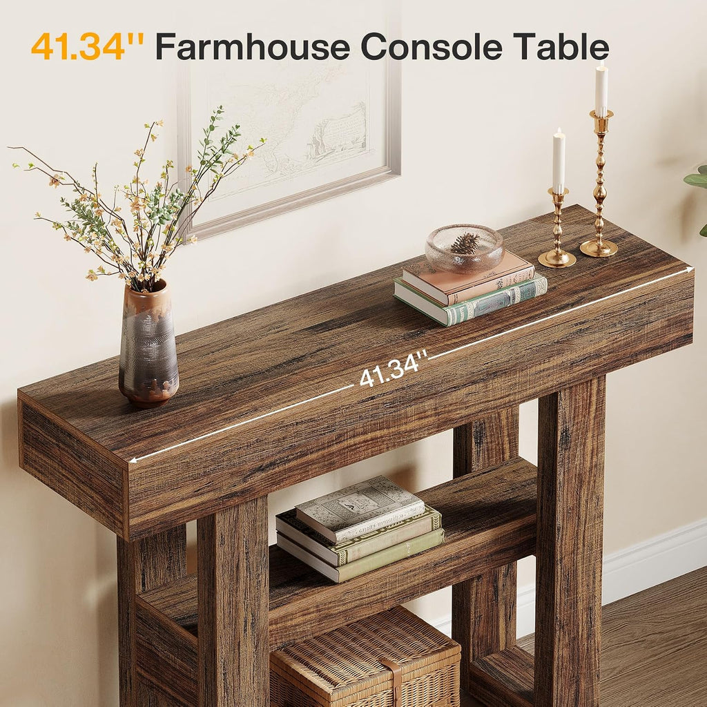 41.34-Inch Farmhouse Console Table, 2-Tier Narrow Sofa Table Behind The Couch, Entryway Furniture with Storage