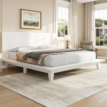 King Size Wooden Bed Frames with White Headboard, Japanese Pine Wood Platform Bed, Rustic & Mid-Century Modern