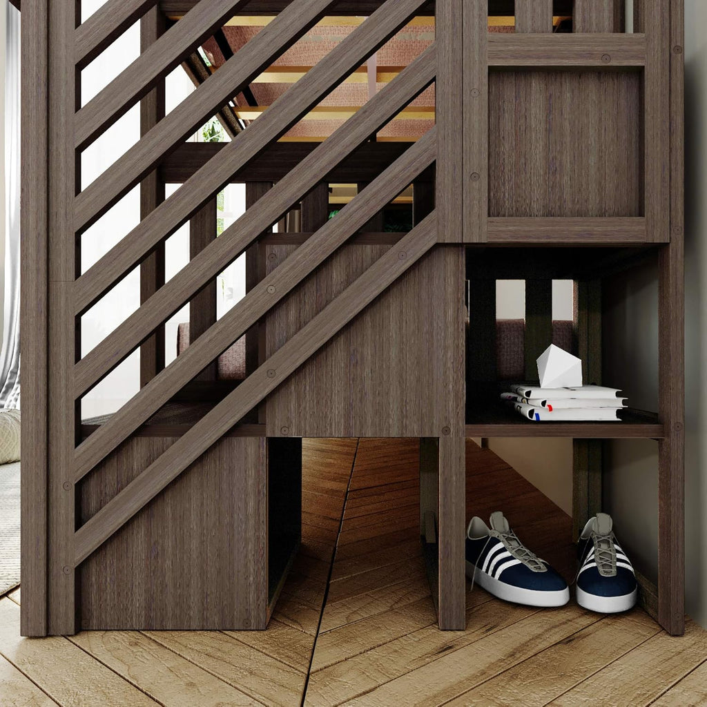 Bunk Bed, Twin-Over-Twin Bed Frame For Kids With Stairs, Clay
