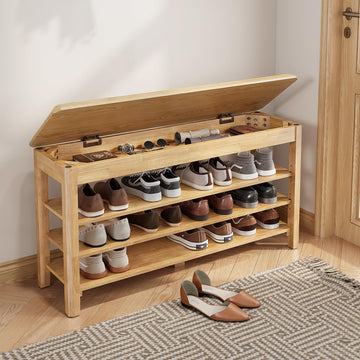 Shoe Rack Bench Seat Rubberwood 3-Tier Wooden Storage Bench 550lbs Compact Mid-Century Modern Design, Closet, Front