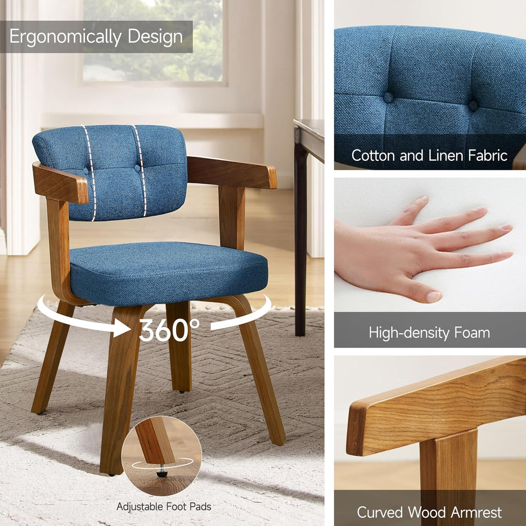 No Wheels - Mid Century Modern Desk Chair Fabric Upholstered Swivel Dining Chairs with Wood Legs for Small Spaces
