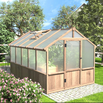 8x10 FT Greenhouse Kit with 6MM Thick Polycarbonate Panel for Outdoor, Wooden Walk-in Green House with Adjustable