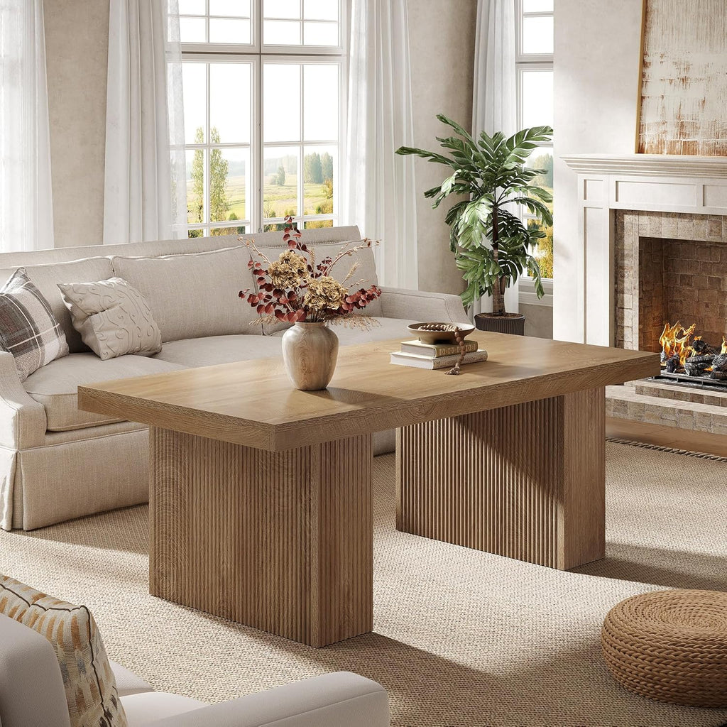 Farmhouse Coffee Table, 47.24 Inch Rectangle Center Table with Large Tabletop & Thick Base, Rustic Wooden Furniture