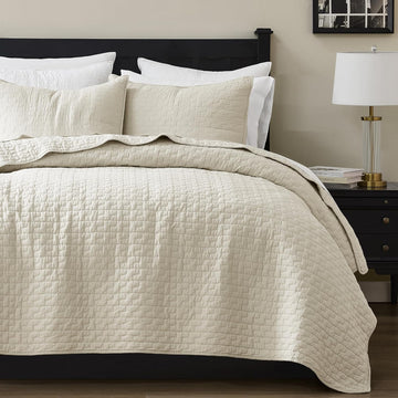 Beige 100% Cotton Quilt King Bedding Sets with 2 Pillow Shams, Textured Lightweight Soft Bedspread Shabby Chic
