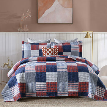 100% Cotton Quilt Set, Patchwork Plaid Quilt Bedding Set Bedspreads, Farmhouse Lightweight Comforter