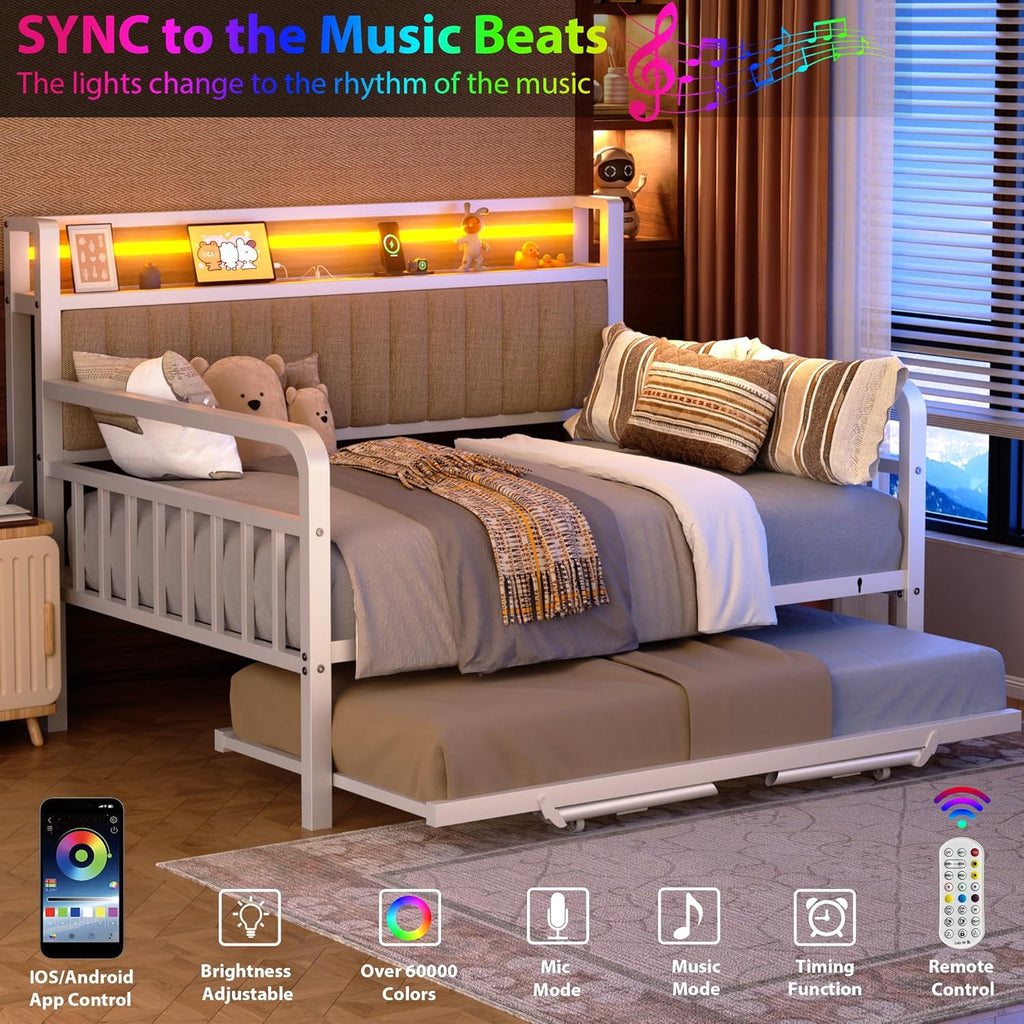 Daybed with Trundle and LED Light, Heavy Duty Metal Full Bed Frame with Upholstered Storage Headboard & Charging