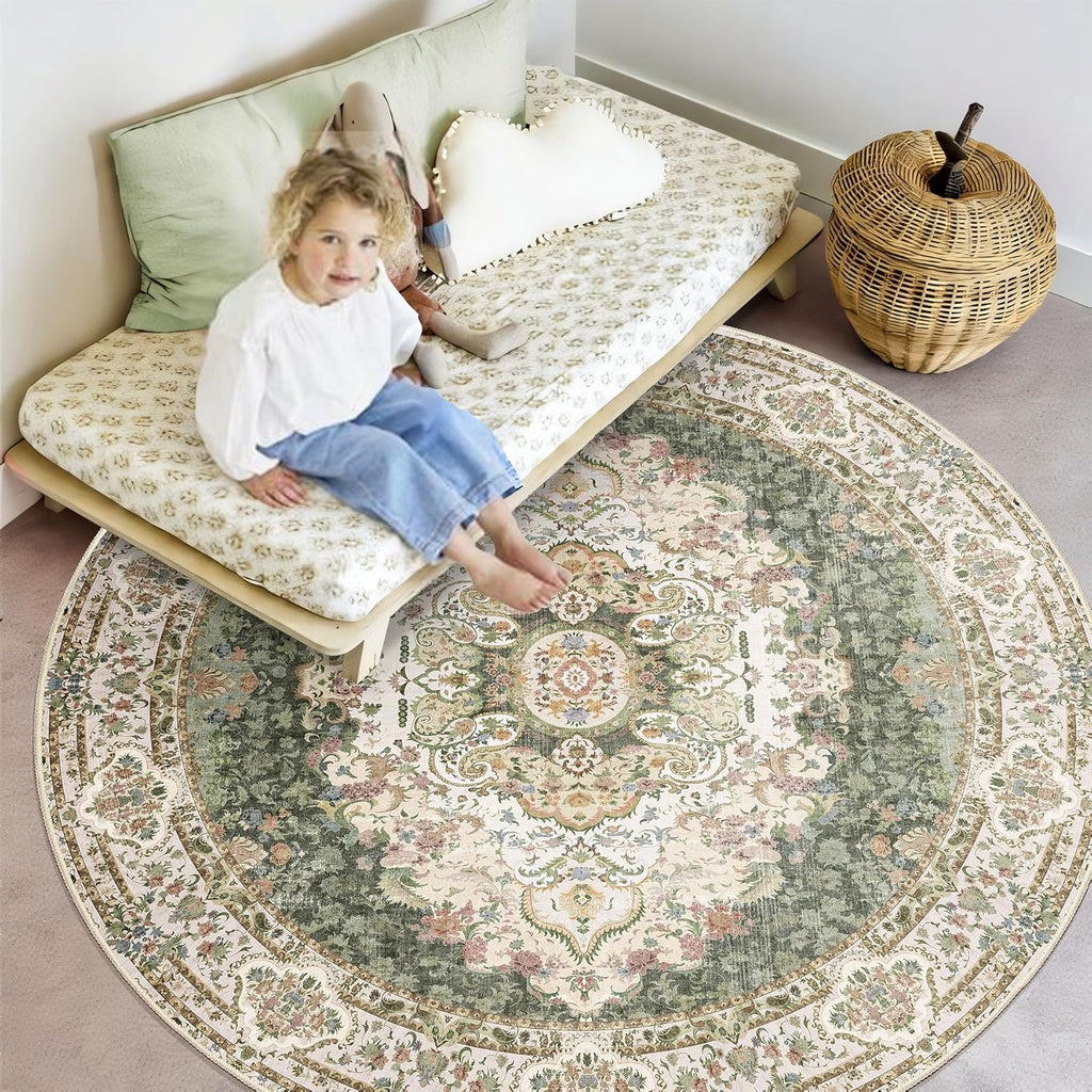 Green Round Rug 6ft,Large Circle Area Rugs for Bedroom Living Room Dining Room,Washable Boho Vintage