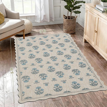 Scalloped Easy Jute 3x5 Area Rug Vintage Blue Floral Farmhouse Washable Rug Non-Slip Indoor Outdoor 