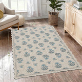 Scalloped Easy Jute 3x5 Area Rug Vintage Blue Floral Farmhouse Washable Rug Non-Slip Indoor Outdoor 