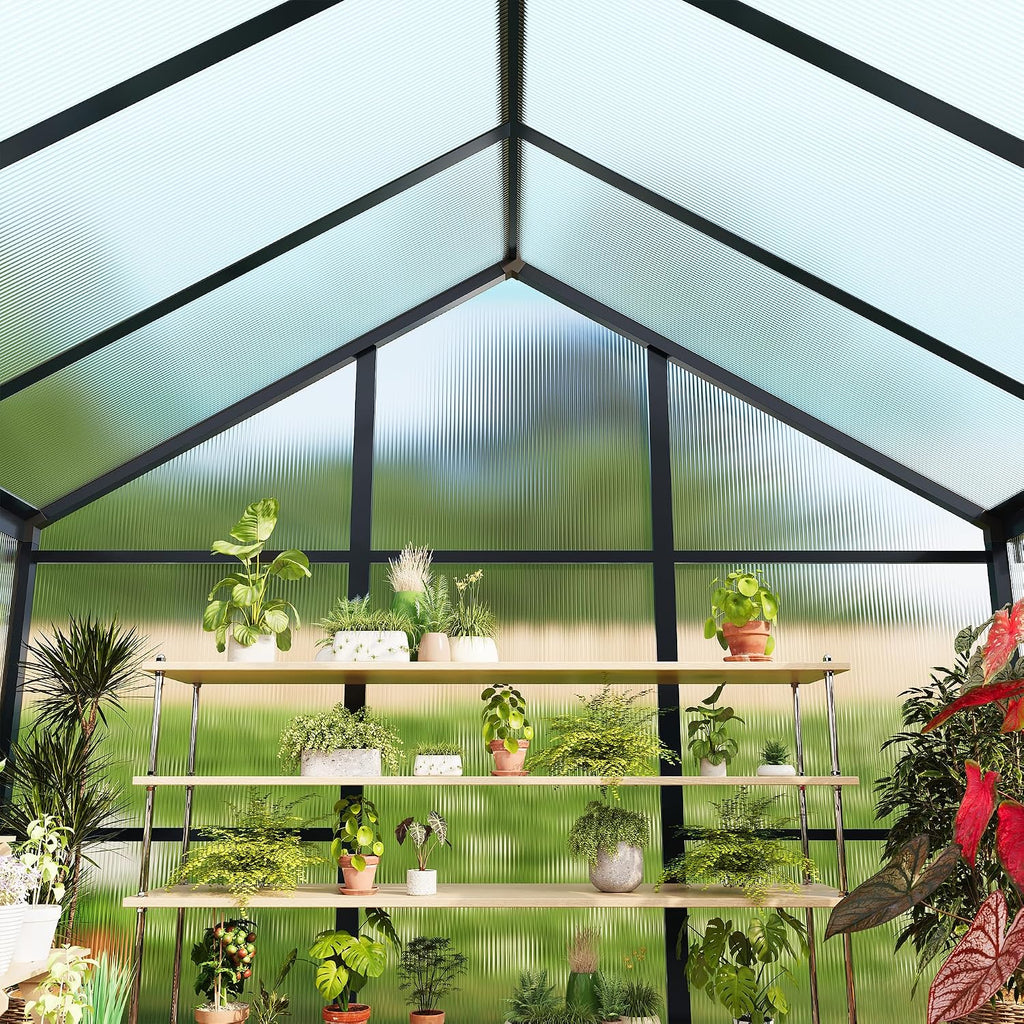 8x12ft Walk-in Greenhouse, Heavy Duty Large Outdoor Green House | Polycarbonate Garden Greenhouse with Roof Vent