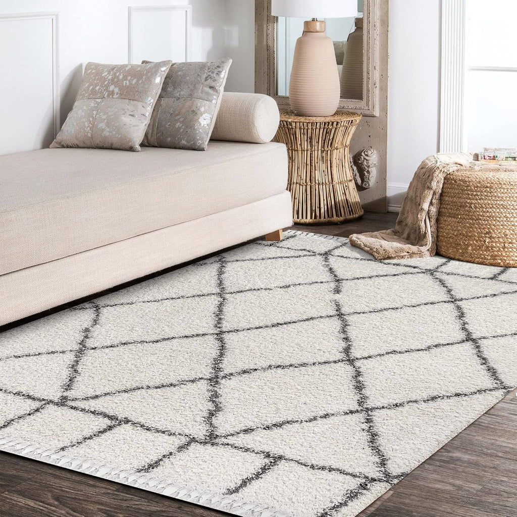 Mercer Shag Plush Tassel Ivory/Gray Indoor Area Rug, Moroccan Geometric Trellis, Easy-Cleaning