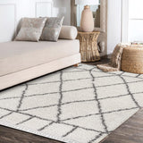 Y Mercer Shag Plush Tassel Ivory/Gray Indoor Area Rug, 3x5, Moroccan Geometric Trellis