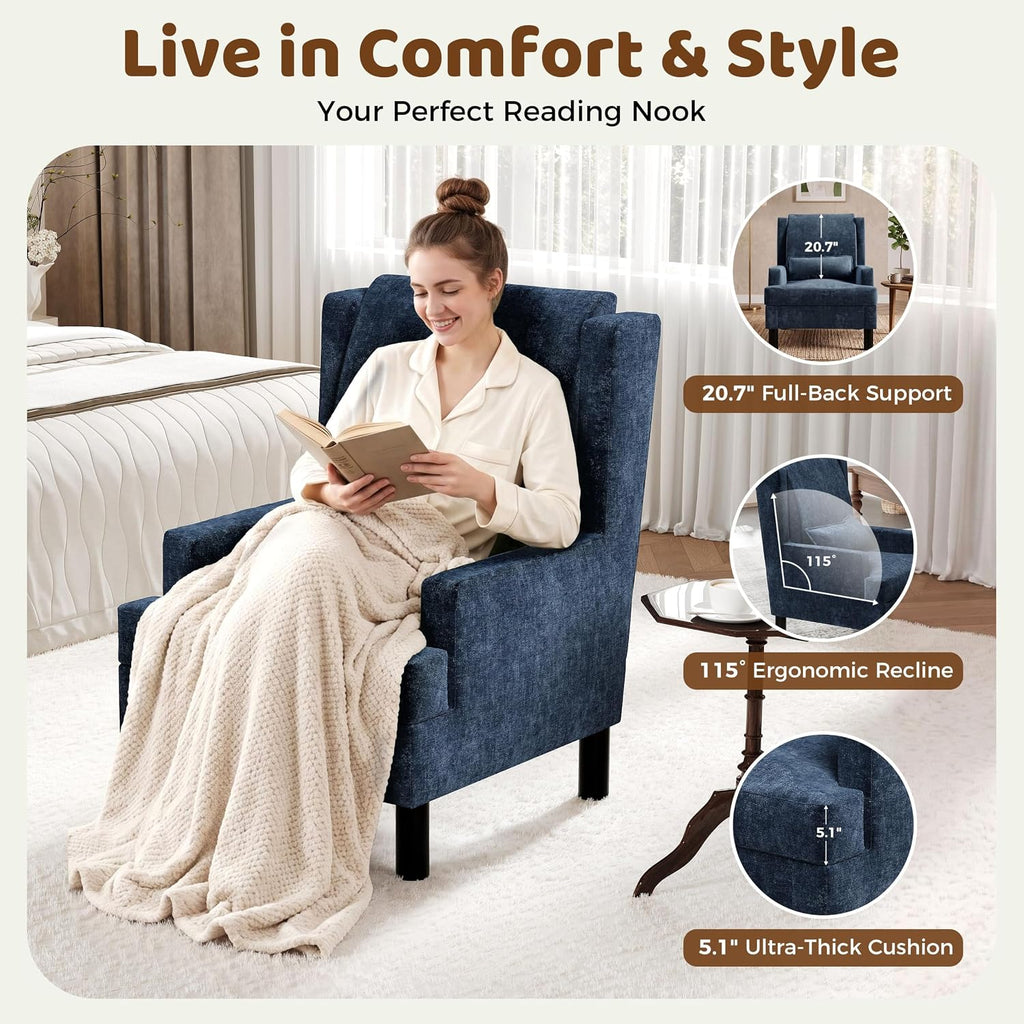 Wingback Accent Chair , Mid-Century Modern Reading Chair , Modern Chenille Upholstered Comfy Armchair with High Back