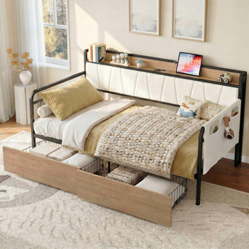 Twin Daybed, Day Bed Frame with 2 Storage Drawers, Charging Station